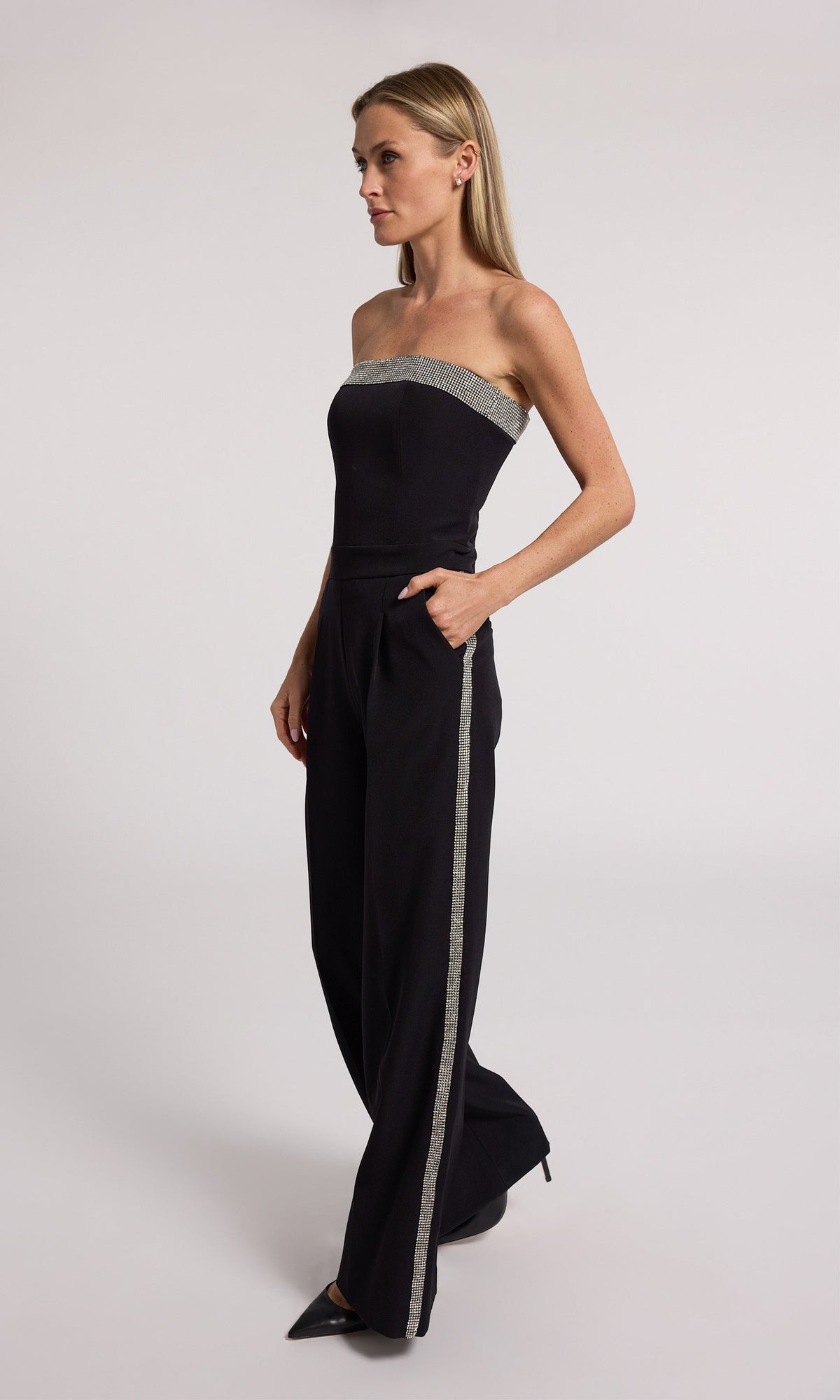 Chelsea Crystal Embellished Crepe Jumpsuit | Black/Clear