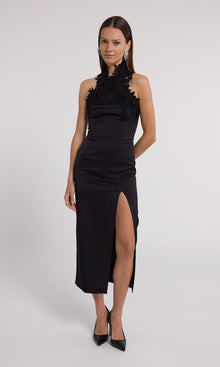 Raven Lace Combo Halter Dress | Black
