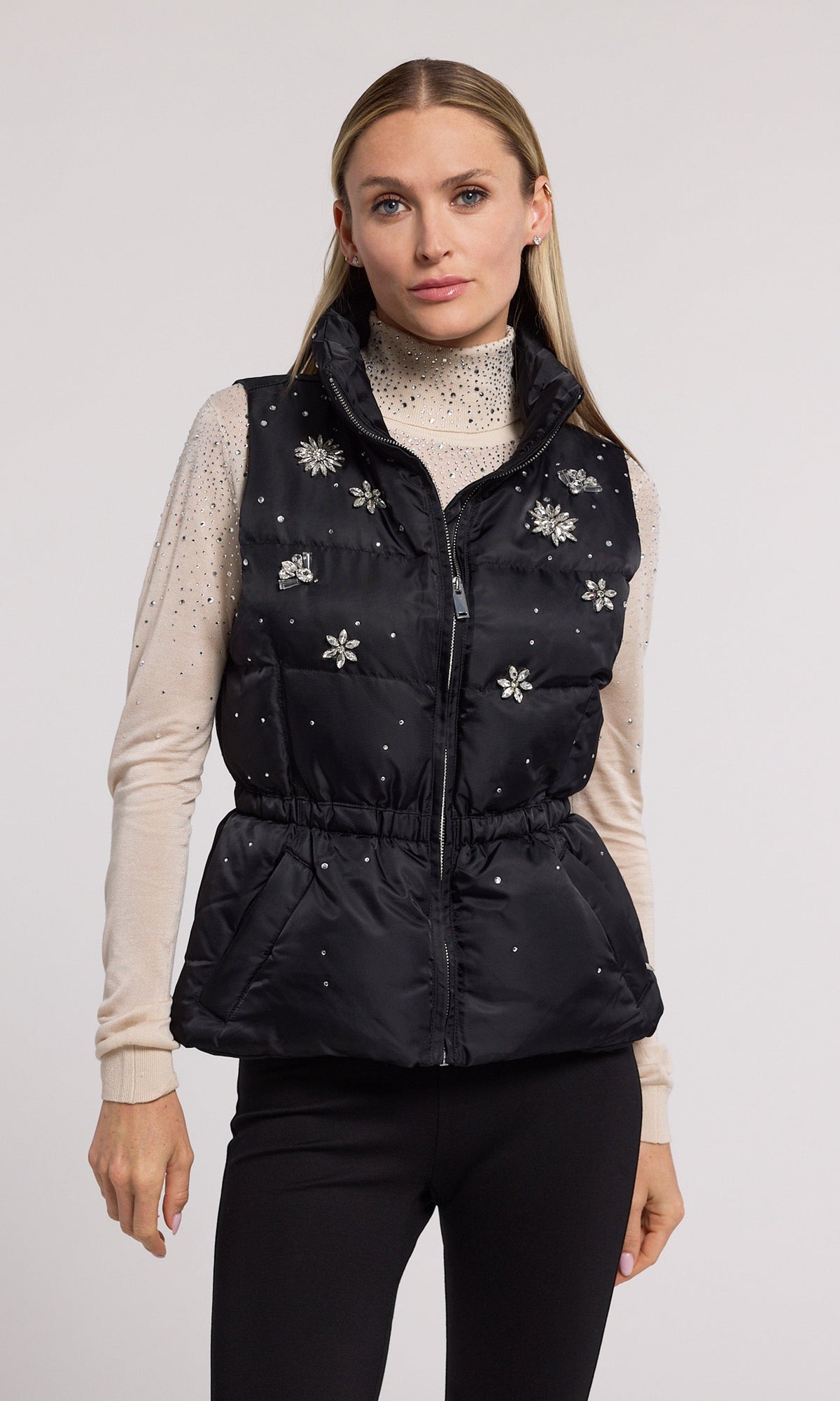 Jenia Crystal Puffer Vest | Black/Clear