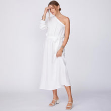 Side View of Model wearing the Gauze One Shoulder Dress in White