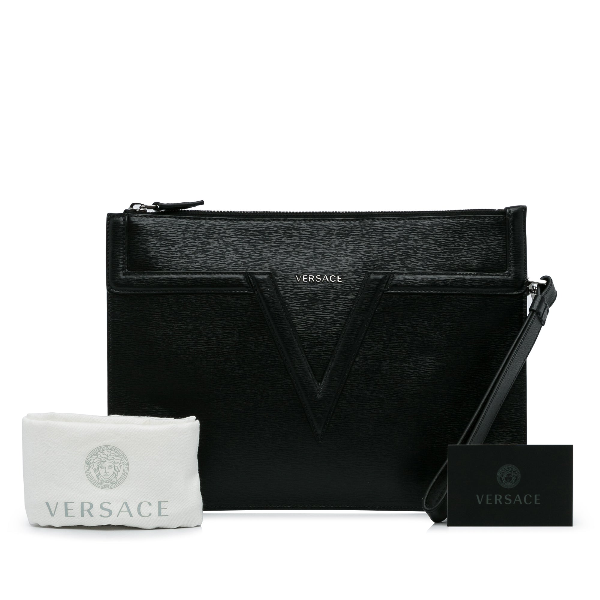 Versace Pre-Owned V Logo Leather Clutch | Women | Black