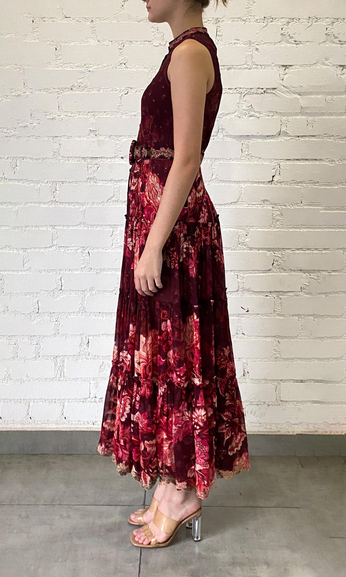 Hemant And Nandita | Aafa Viscose Georgette Lurex Dobby Long Dress With Tie Up Belt | Red/Beige