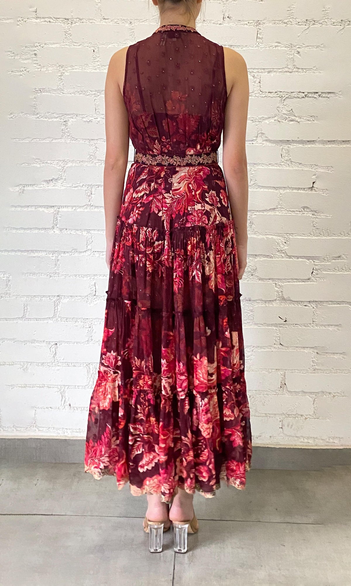 Hemant And Nandita | Aafa Viscose Georgette Lurex Dobby Long Dress With Tie Up Belt | Red/Beige