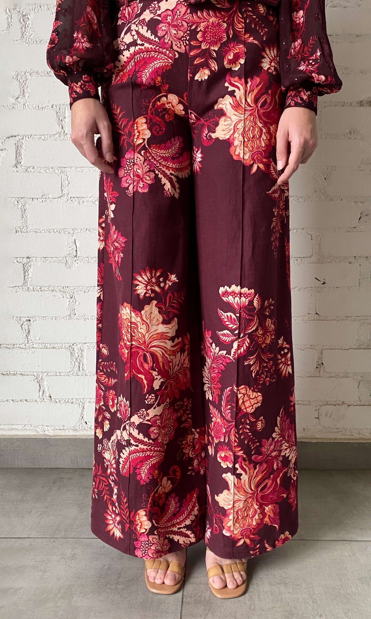 Womens | Aafa Linen Cotton Fitted & Flared Pants | Red/Beige