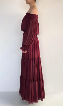 Hemant And Nandita | Aayu Viscose Flat Chiffon Smocked Detailed Off Shoudler Top | Burgundy