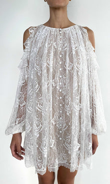 Hemant And Nandita | Adra Nylon Flower Cold Shoulder Ruffle Mini Dress | Off White