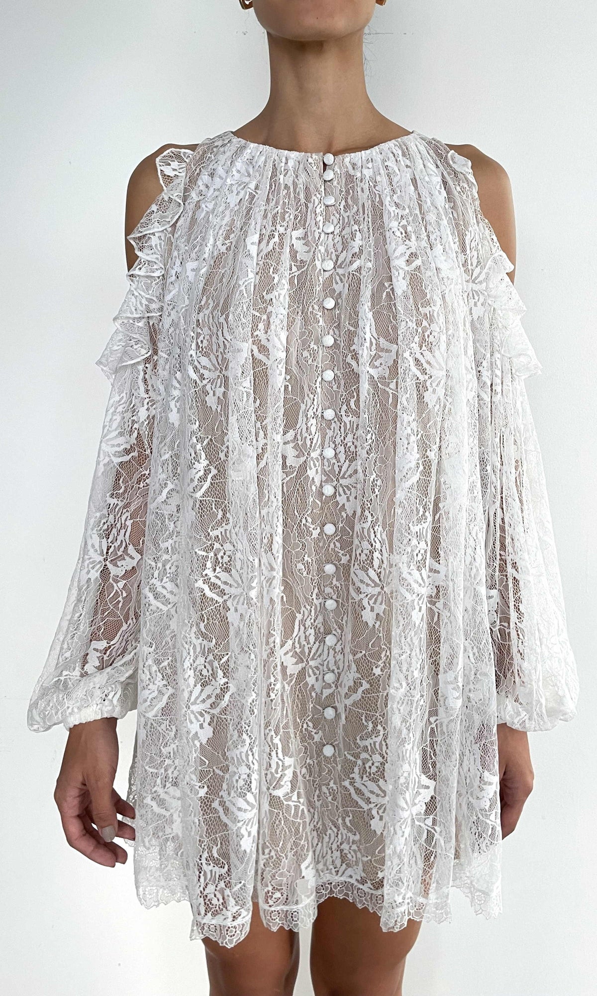 Hemant And Nandita | Adra Nylon Flower Cold Shoulder Ruffle Mini Dress | Off White