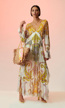 Hemant And Nandita | Agra Viscose Crepe Geometrical Jacquard Kaftan | Off White