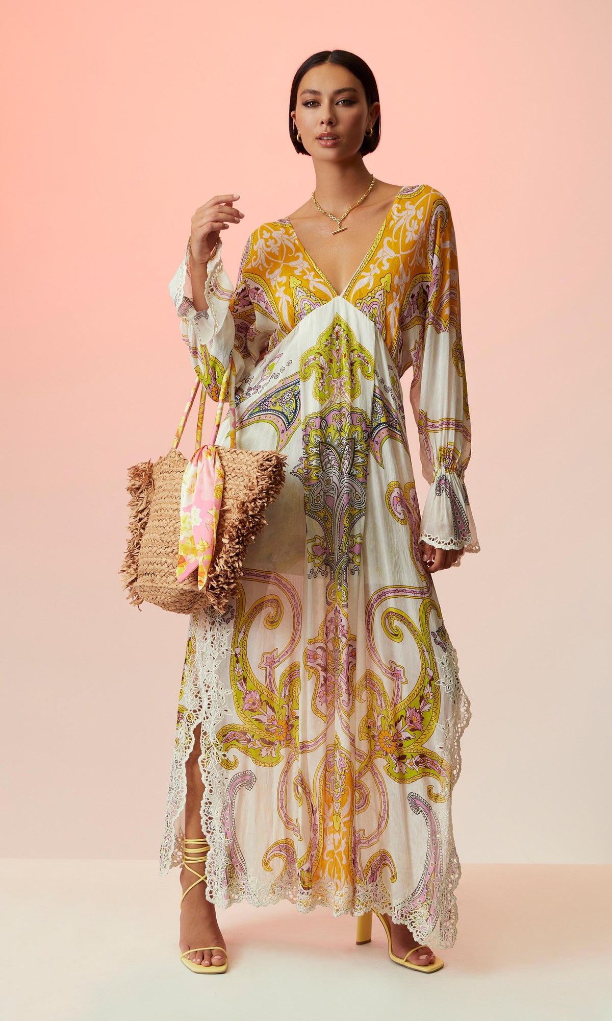 Hemant And Nandita | Agra Viscose Crepe Geometrical Jacquard Kaftan | Off White