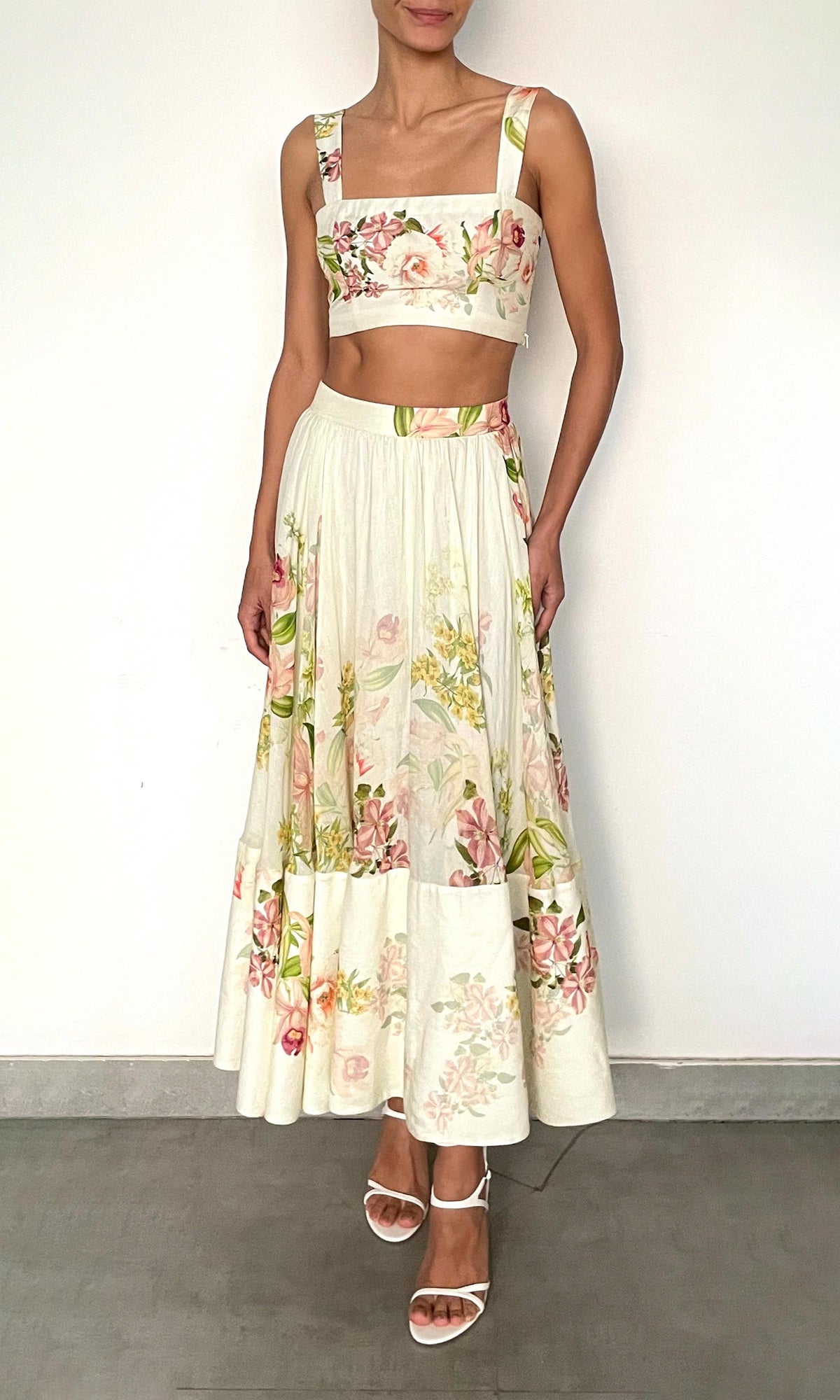 Hemant And Nandita | Aiva Viscose Organza Linen Midi Skirt | Ivory Floral