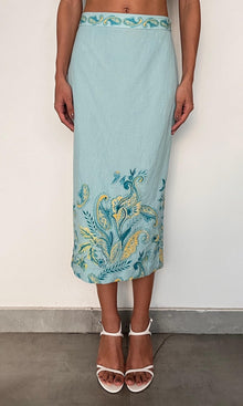 Hemant And Nandita | Amari Linen Cotton Fitted Midi Skirt | Turquoise Multi