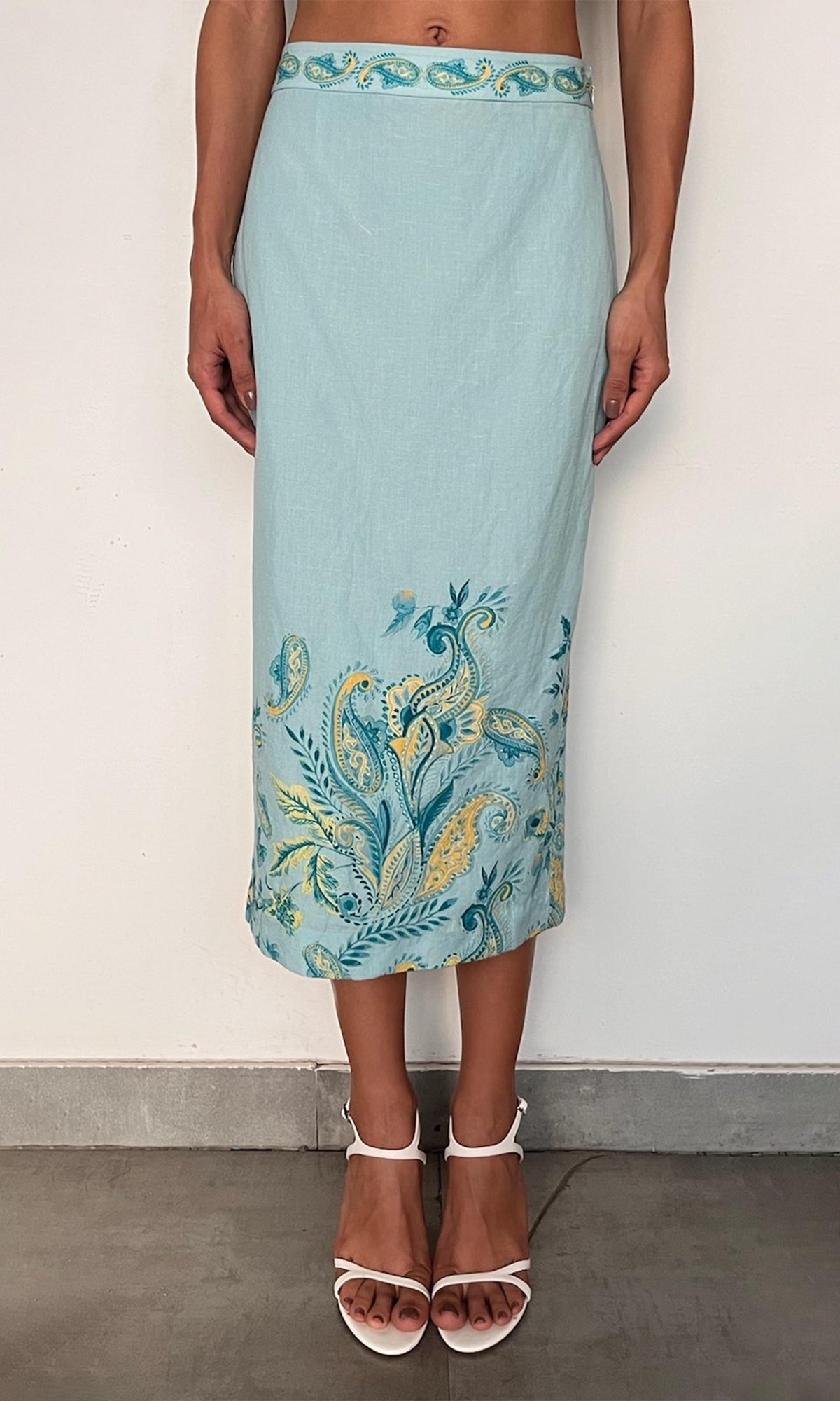 Hemant And Nandita | Amari Linen Cotton Fitted Midi Skirt | Turquoise Multi