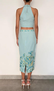 Hemant And Nandita | Amari Linen Cotton Fitted Midi Skirt | Turquoise Multi