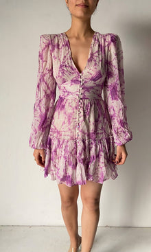 Hemant And Nandita | Anay Viscose Georgette Silver Gold Stripe Short Dress | White/Purple