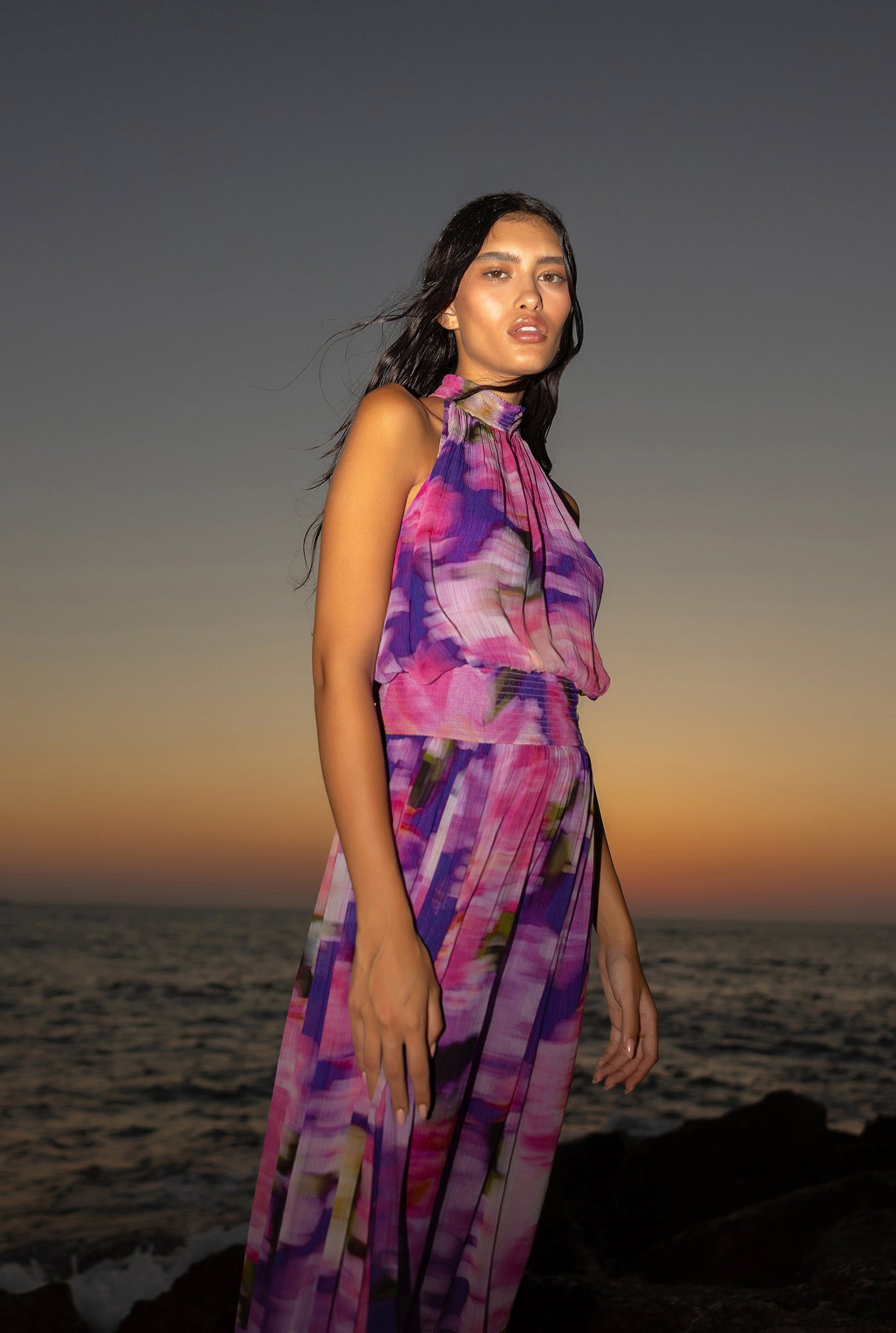 Smocked Halterneck Midi Dress | Multi