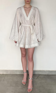 Hemant And Nandita | Anvi Viscose Nylon Jacquard Short Dress With Braided Belt And Slip | White