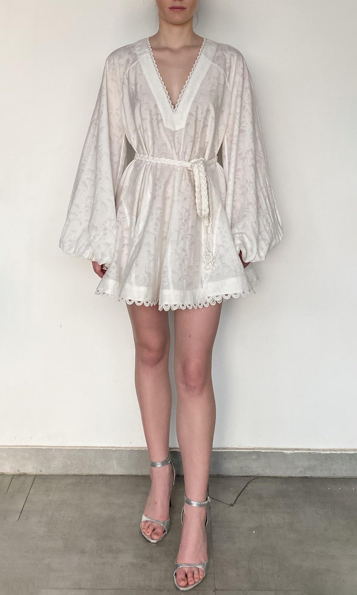 Hemant And Nandita | Anvi Viscose Nylon Jacquard Short Dress With Braided Belt And Slip | White