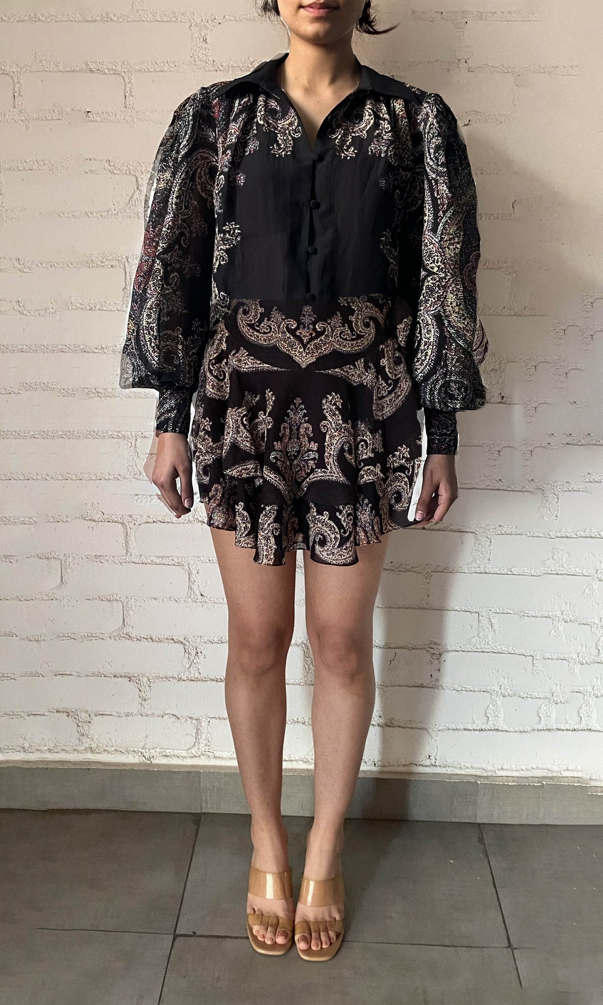 Hemant And Nandita | Arka Viscose Georgette Jacquard Boho Shirt With Highlight Emb And Cami | Black Multi
