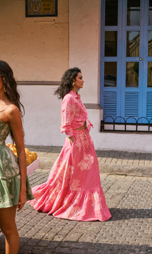 Hemant And Nandita | Asha Linen Cotton Long Skirt With Buckle Belt | Pink Floral