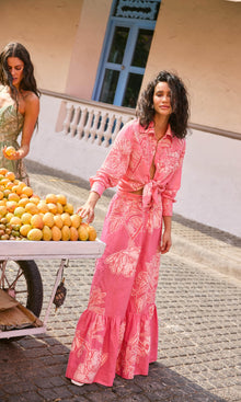 Hemant And Nandita | Asha Linen Cotton Long Skirt With Buckle Belt | Pink Floral