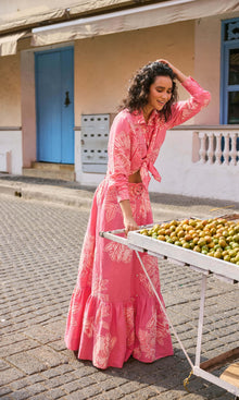 Hemant And Nandita | Asha Linen Cotton Long Skirt With Buckle Belt | Pink Floral