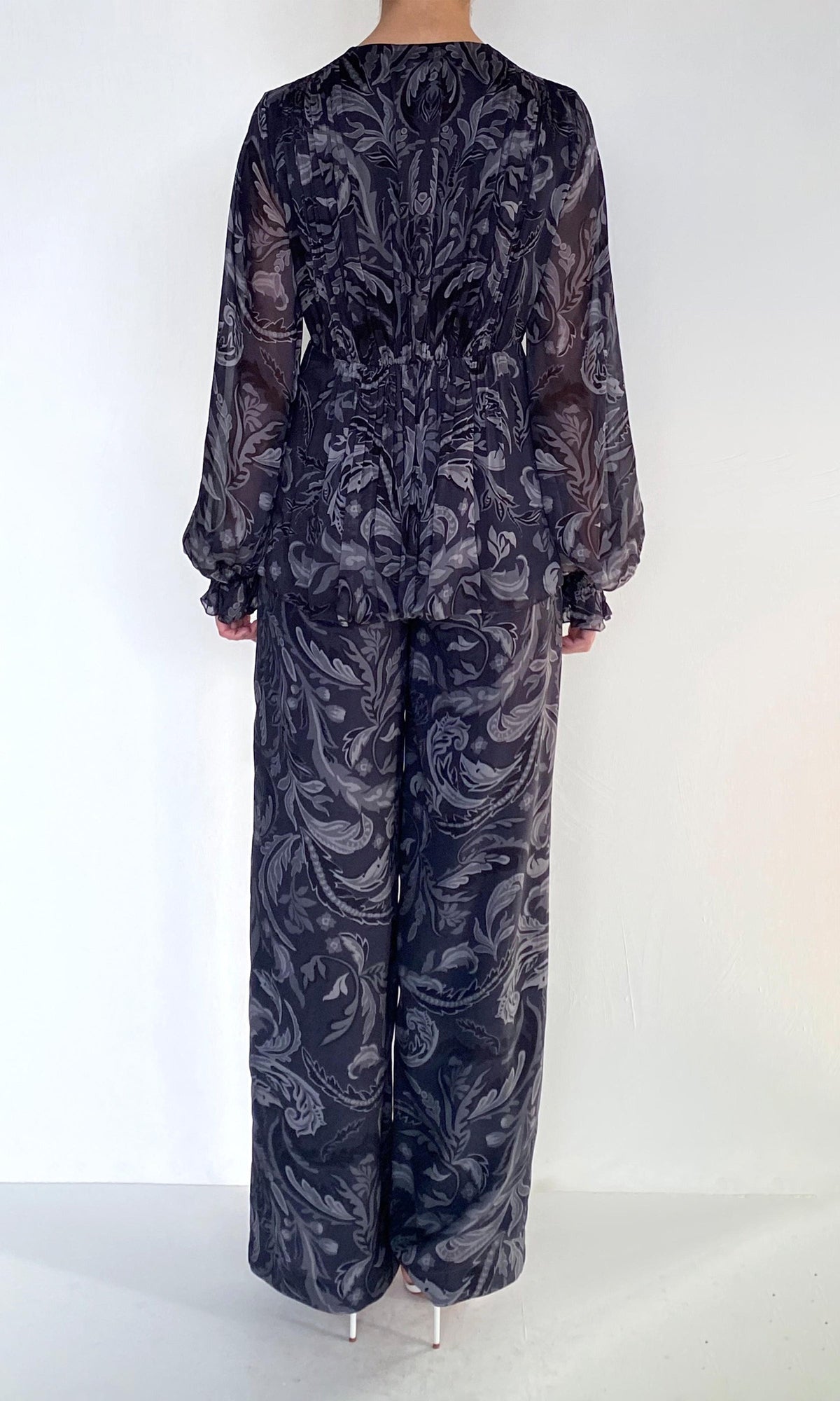 Hemant And Nandita | Atri Viscose Flat Chiffon Gathered Top | Grey