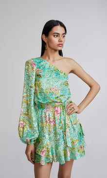 Hemant And Nandita | Azra Viscose Nylon Lurex Brasso Short Dress With Belt | Teal Floral