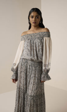 Hemant And Nandita | Chavi Viscose Flat Chiffon Tiered Maxi Skirt | Eggshell