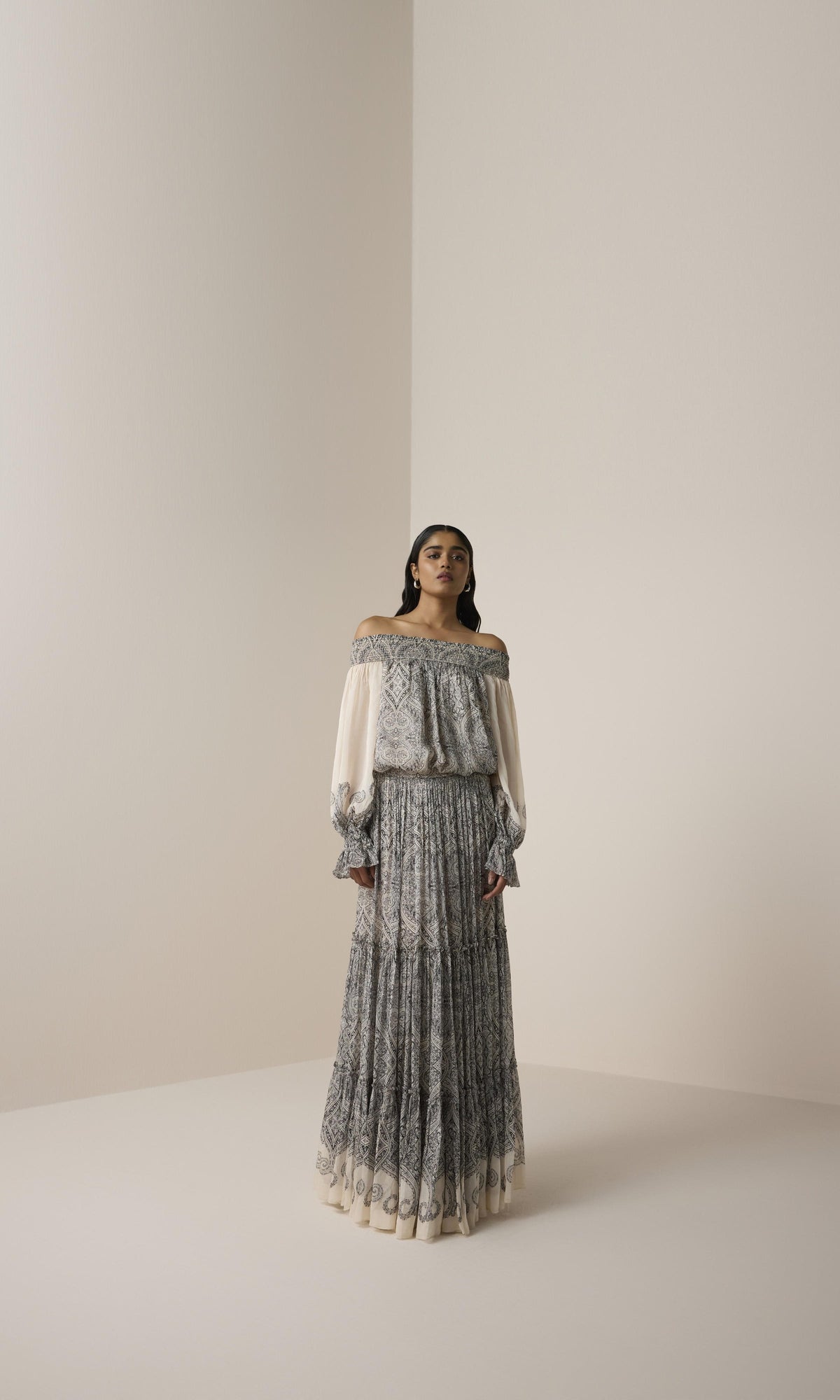 Hemant And Nandita | Chavi Viscose Flat Chiffon Tiered Maxi Skirt | Eggshell