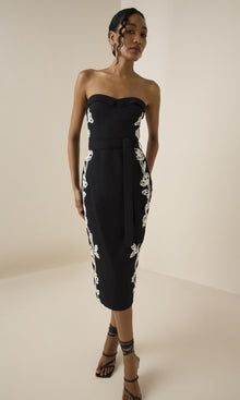 Hemant And Nandita | Daha Cotton Linen Midi Dress With Tie Up Belt | Black White
