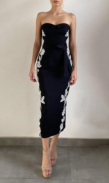Hemant And Nandita | Daha Cotton Linen Midi Dress With Tie Up Belt | Black White