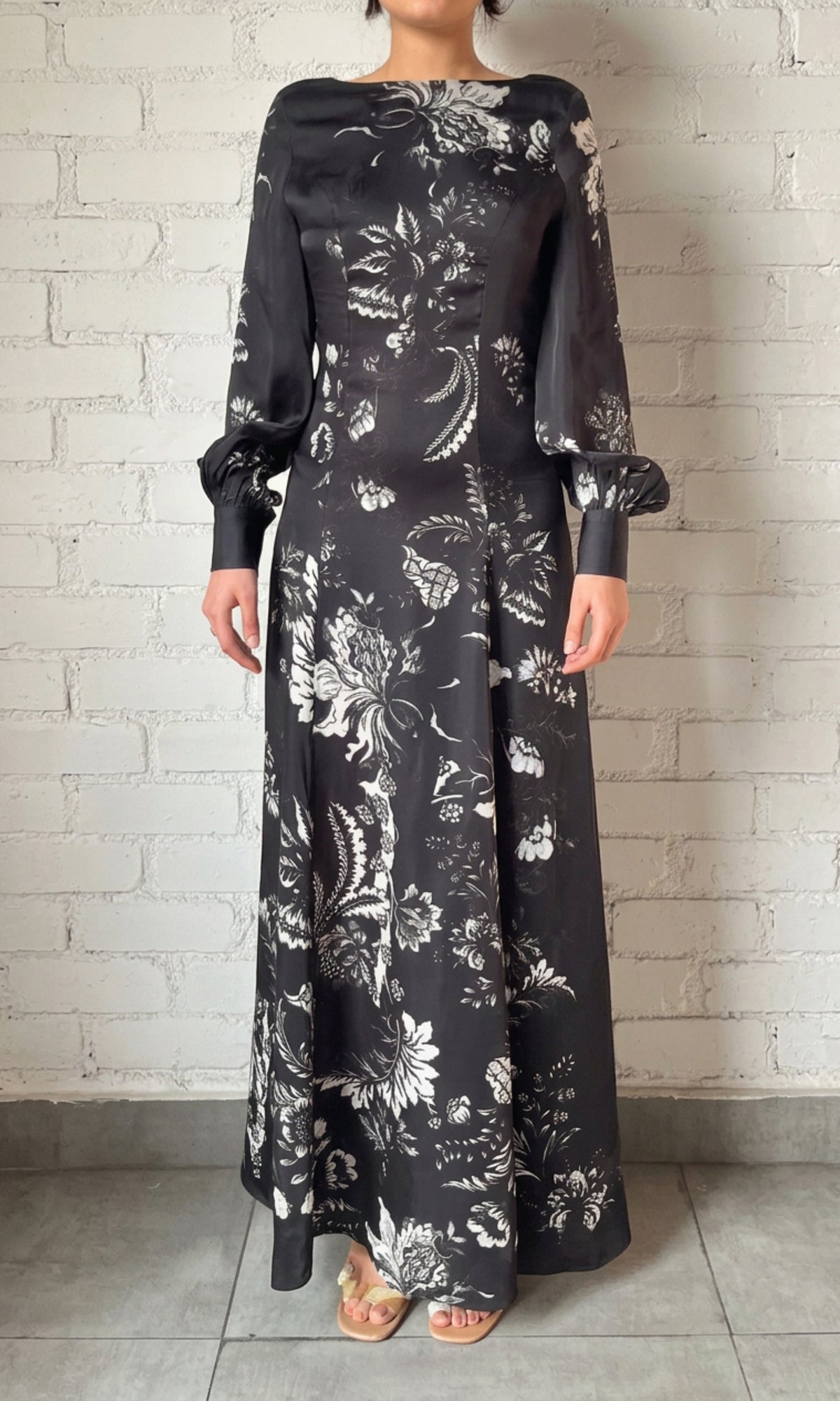 Hemant And Nandita | Dea Viscose Satin Long Dress | Black White