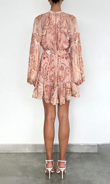 Hemant And Nandita | Fiza Viscose Flat Chiffon Ruffle Mini Dress With Tie Up Belt | Pink White