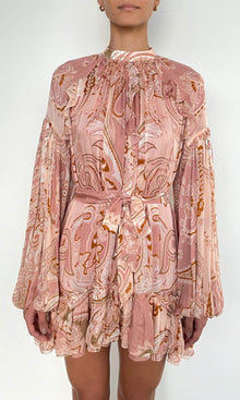 Hemant And Nandita | Fiza Viscose Flat Chiffon Ruffle Mini Dress With Tie Up Belt | Pink White