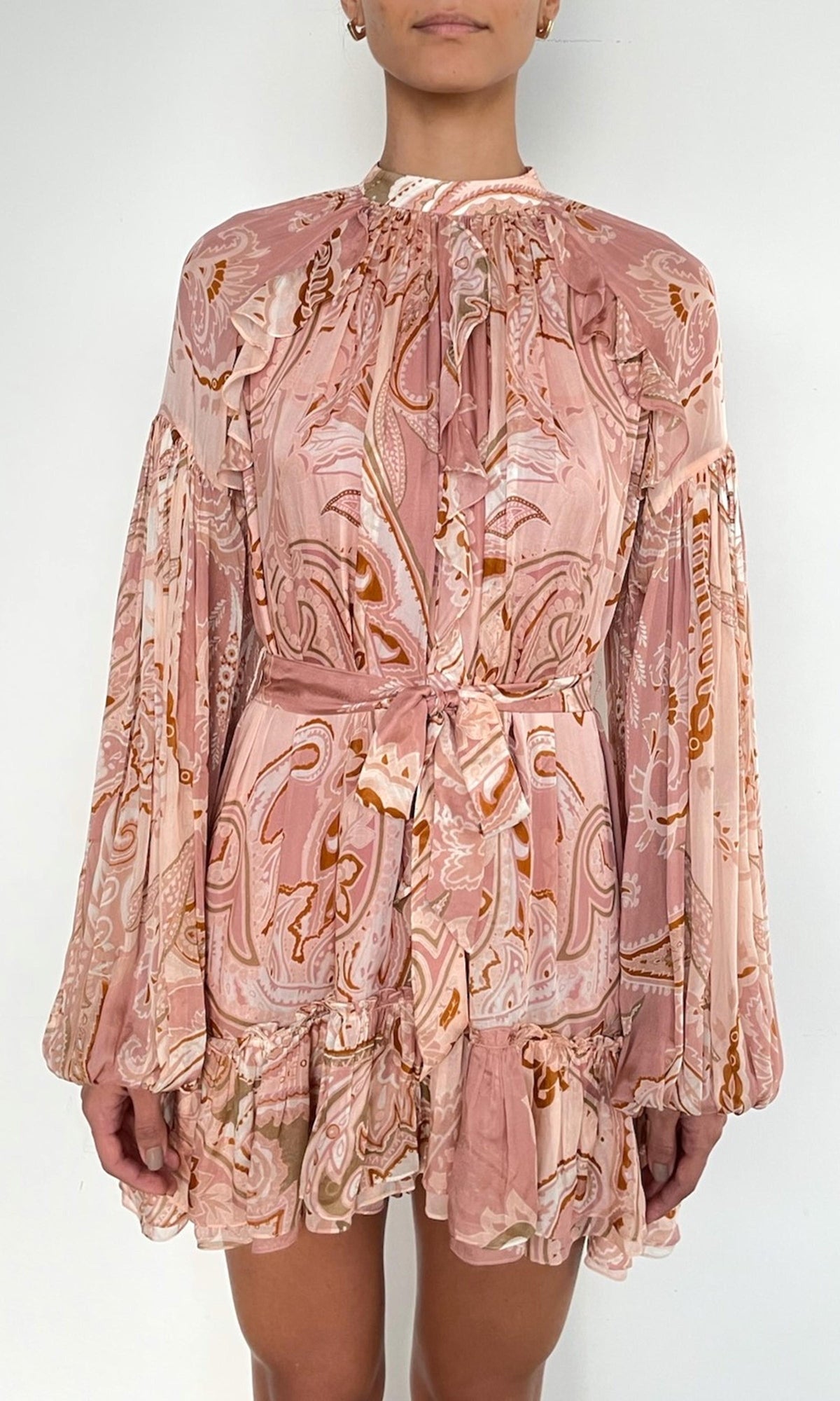 Hemant And Nandita | Fiza Viscose Flat Chiffon Ruffle Mini Dress With Tie Up Belt | Pink White