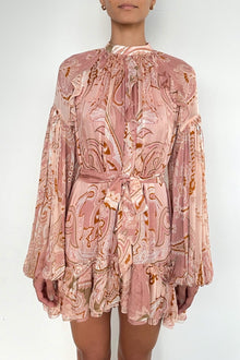 Ruffle Mini Dress With Tie Up Belt | Pink/White