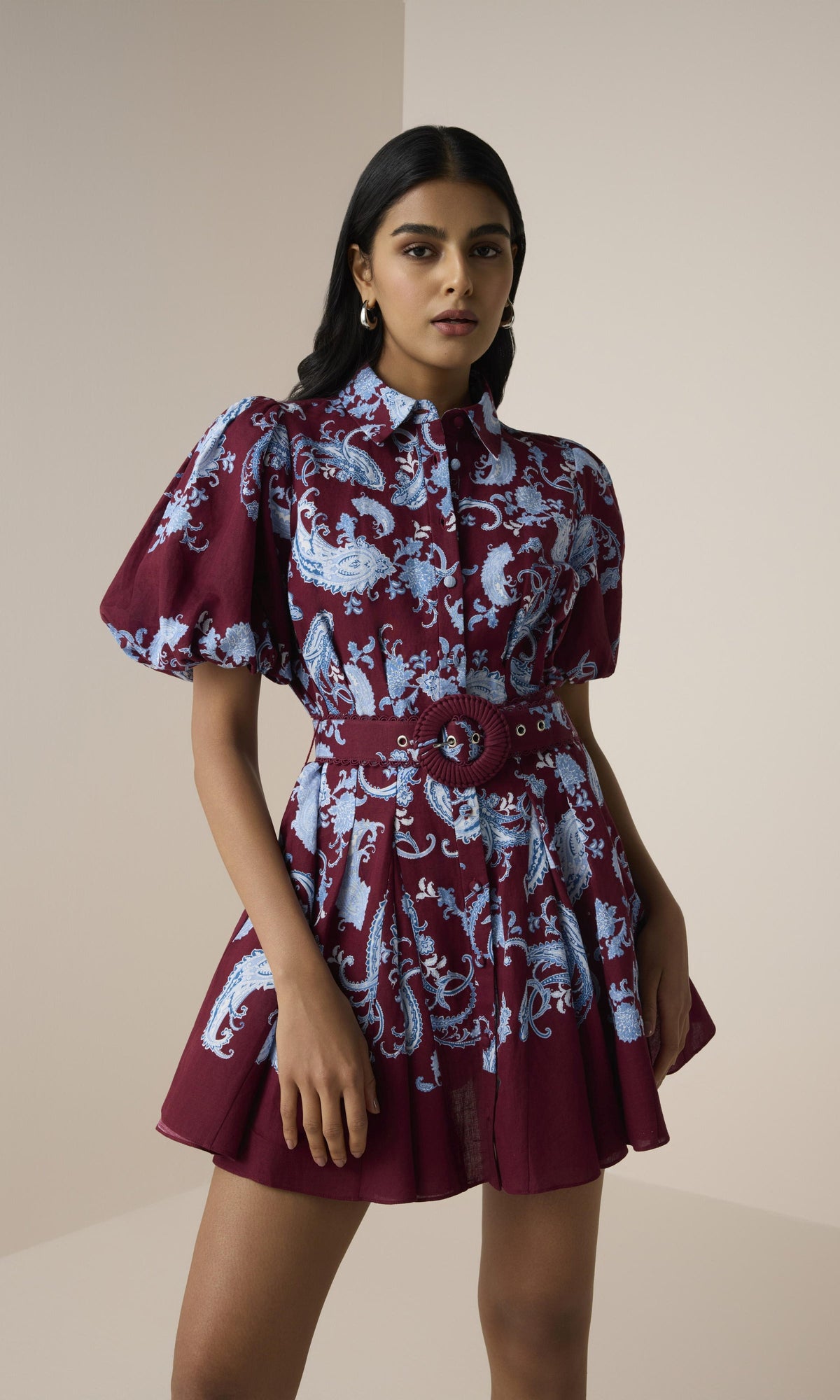 Hemant And Nandita | Hiba Linen Cotton Collared Mini Shirt Dress | Merlot