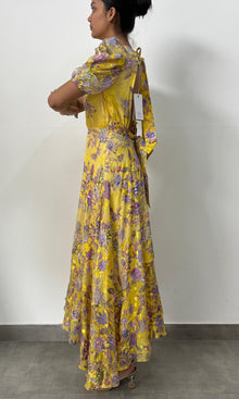 Hemant And Nandita | Inv Valvet Lurex Strips Long Dress With Puff Sleeeve | Yellow Floral