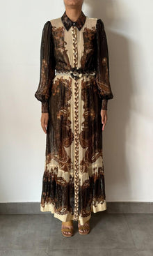 Hemant And Nandita | Inv Viscose Ggt Gold Lurex Stripe Long Shirt Dress | Brown Multi