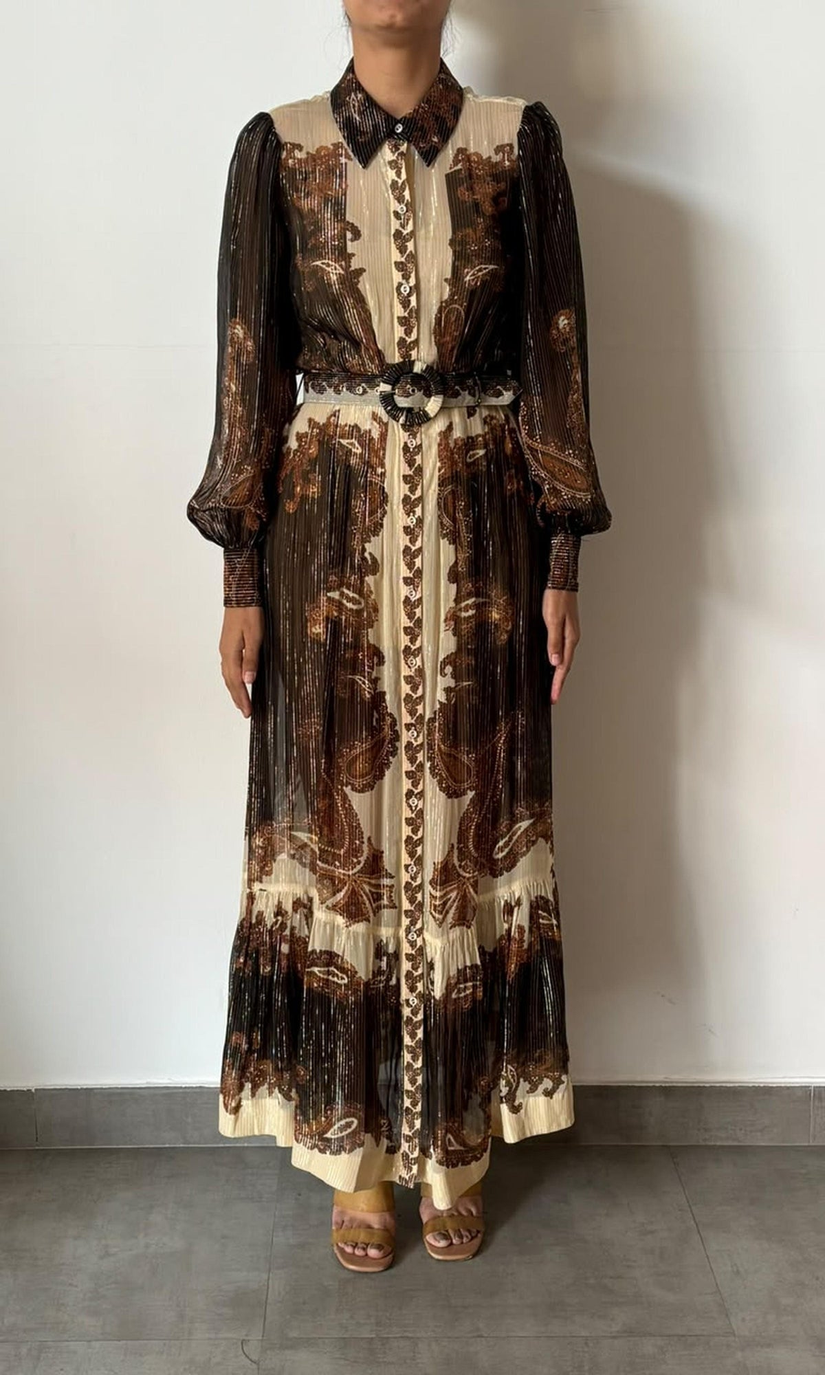 Hemant And Nandita | Inv Viscose Ggt Gold Lurex Stripe Long Shirt Dress | Brown Multi