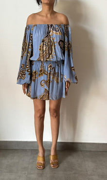 Hemant And Nandita | Inv Viscose Natural Crepe Off Shoulder Short Dress | Blue