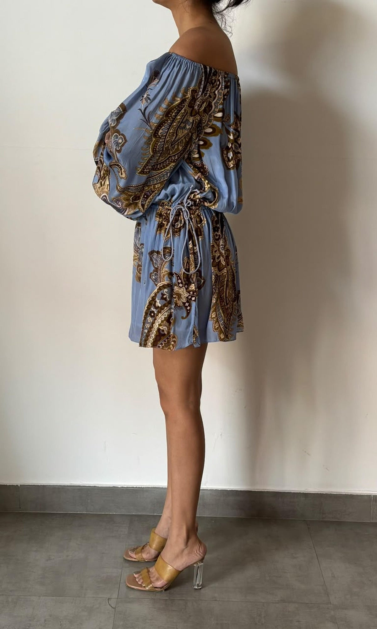 Hemant And Nandita | Inv Viscose Natural Crepe Off Shoulder Short Dress | Blue