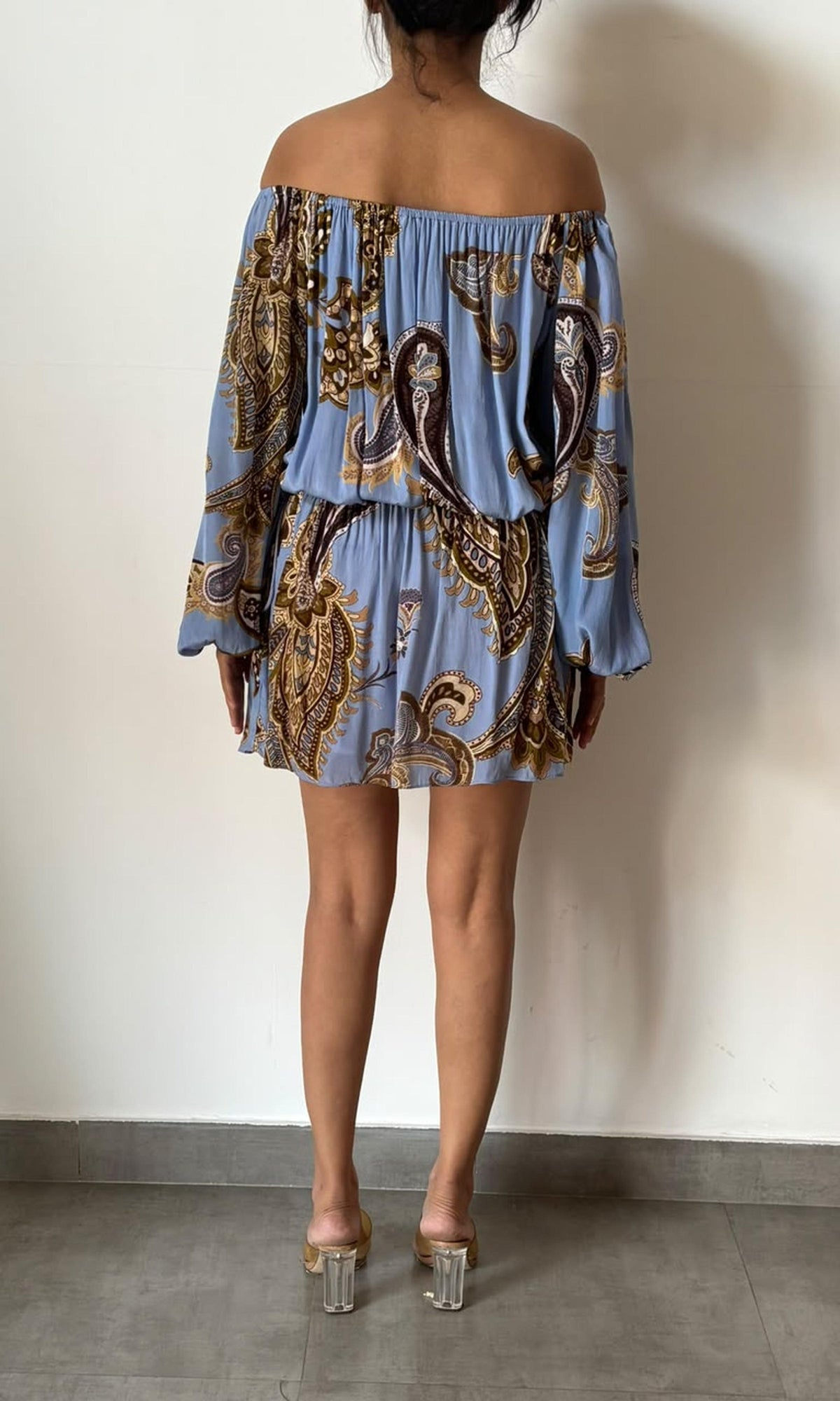 Hemant And Nandita | Inv Viscose Natural Crepe Off Shoulder Short Dress | Blue