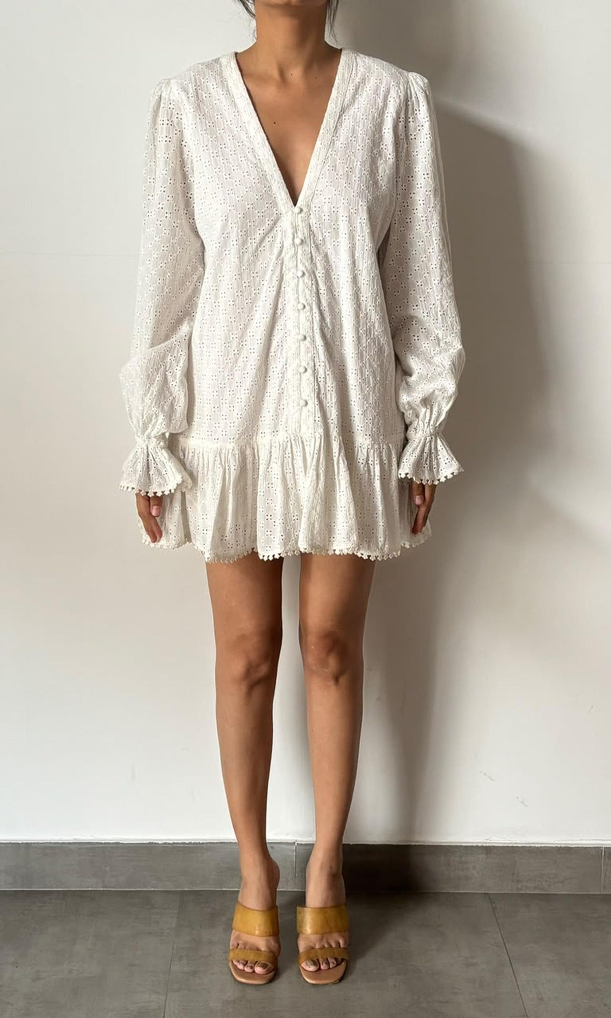 Hemant And Nandita | Inv Cotton Chiffly V - Neck Short Dress | White