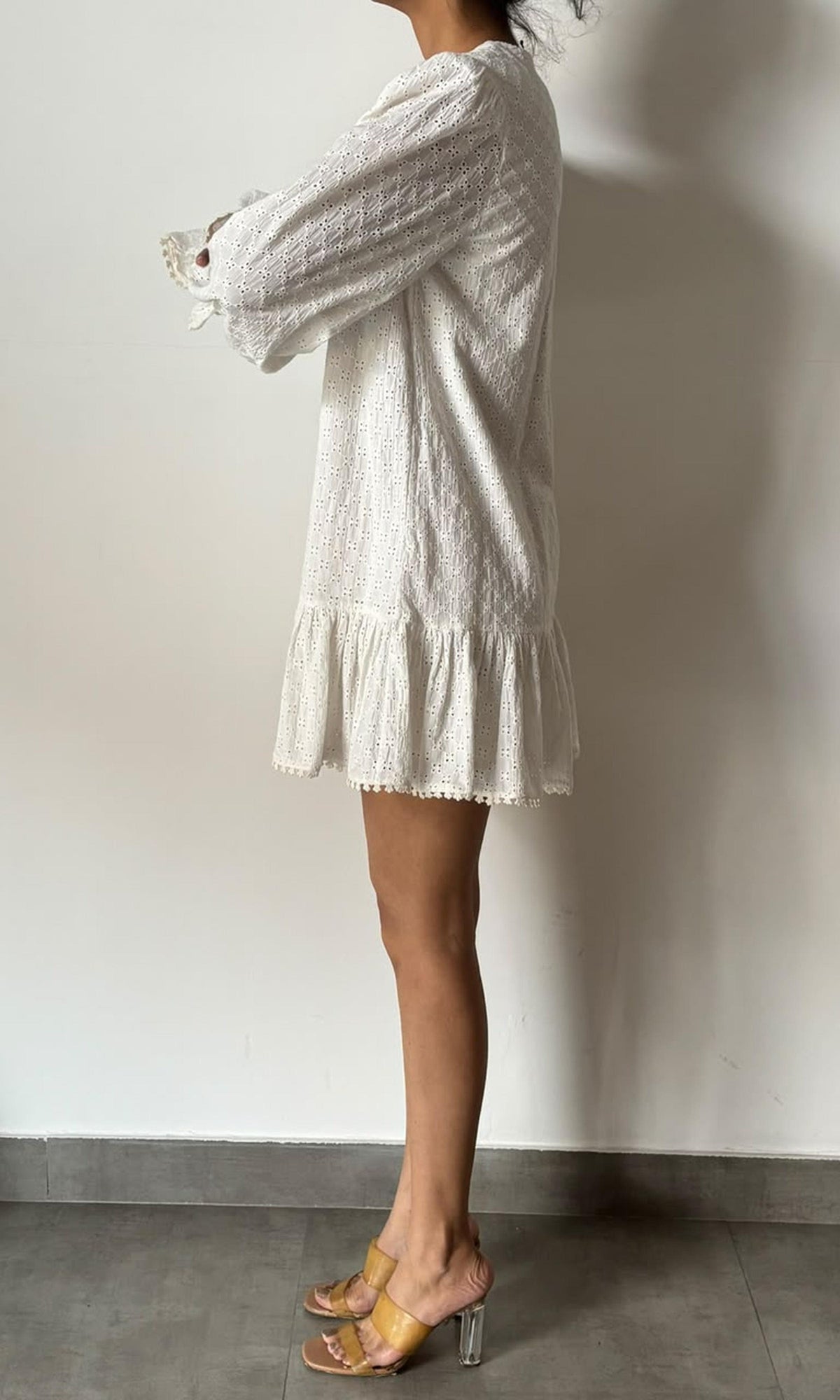 Hemant And Nandita | Inv Cotton Chiffly V - Neck Short Dress | White