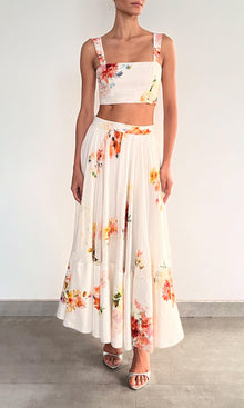 Hemant And Nandita | Inv Viscose Organza Linen Midi Skirt | Ivory Floral
