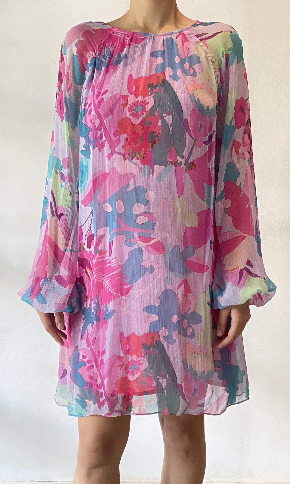Hemant And Nandita | Inv Viscose Boatneck Short Dress | Pink Multi