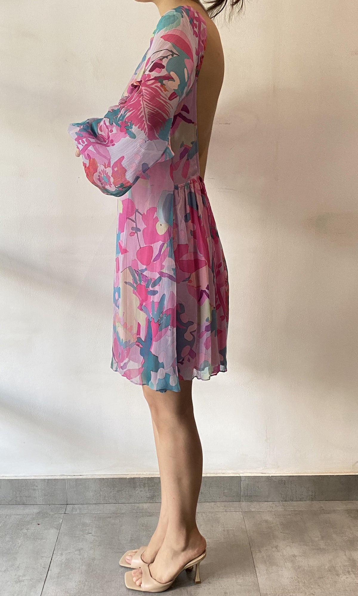 Hemant And Nandita | Inv Viscose Boatneck Short Dress | Pink Multi