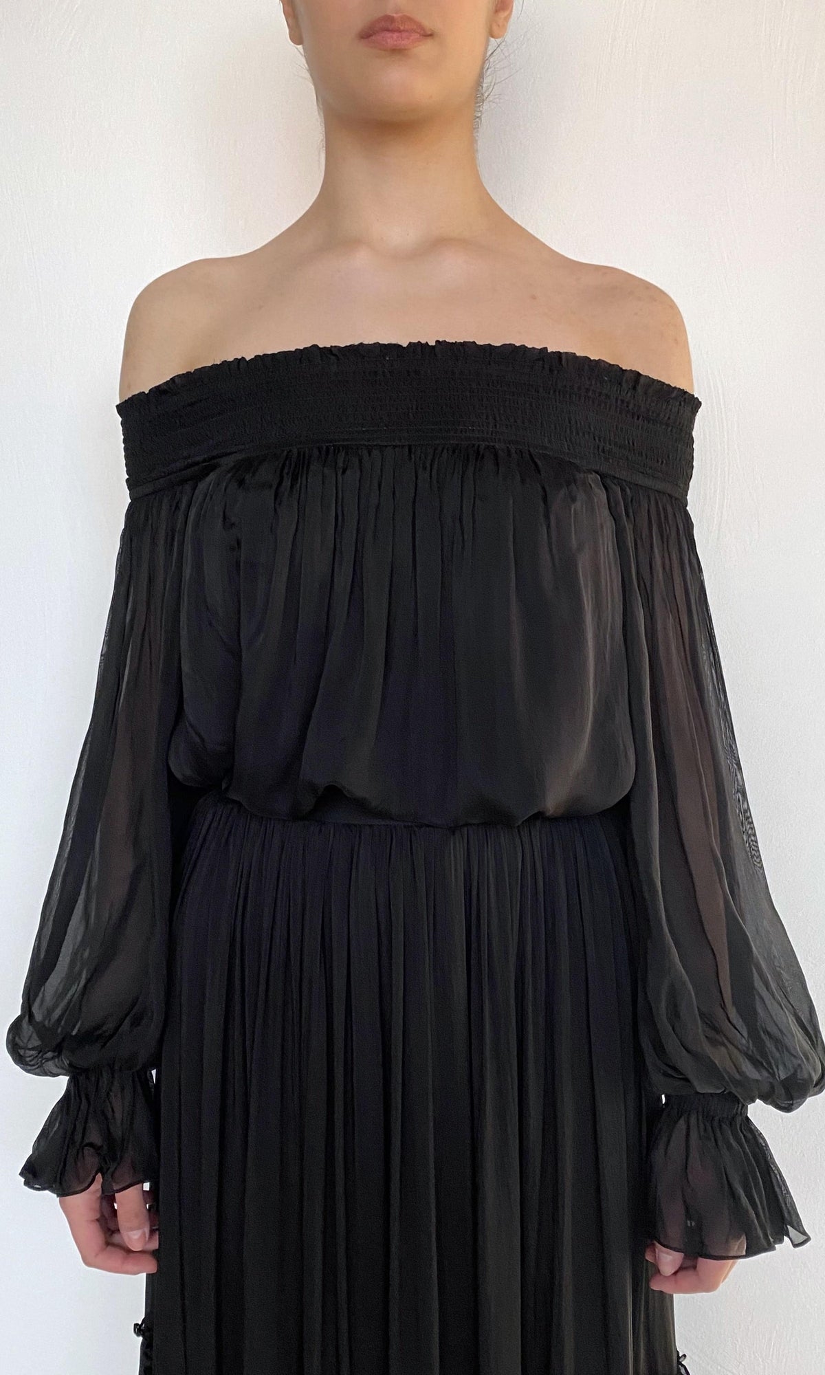 Hemant And Nandita | Johi Viscose Flat Chiffon Smocked Detailed Off Shoudler Top | Black