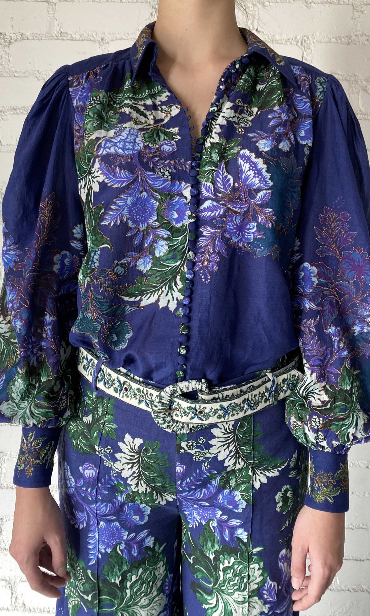 Hemant And Nandita | Keva Viscose Organza Linen Top | Green Floral